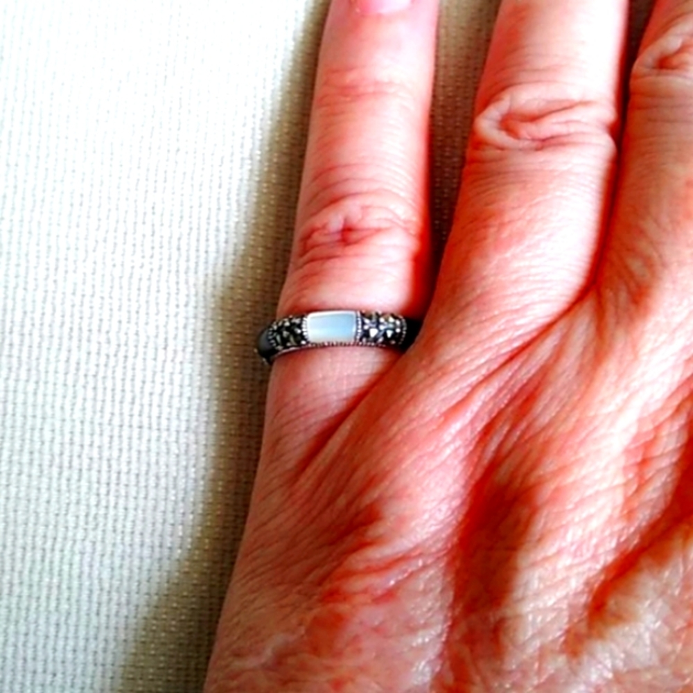 BEAUTIFUL MARCASITE,BLACK ONYX,WHITE MOTHER OF PEARL ALL SET IN STERLING SILVER